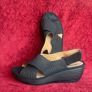 Clarks Black Perforated Wedge Sandals
